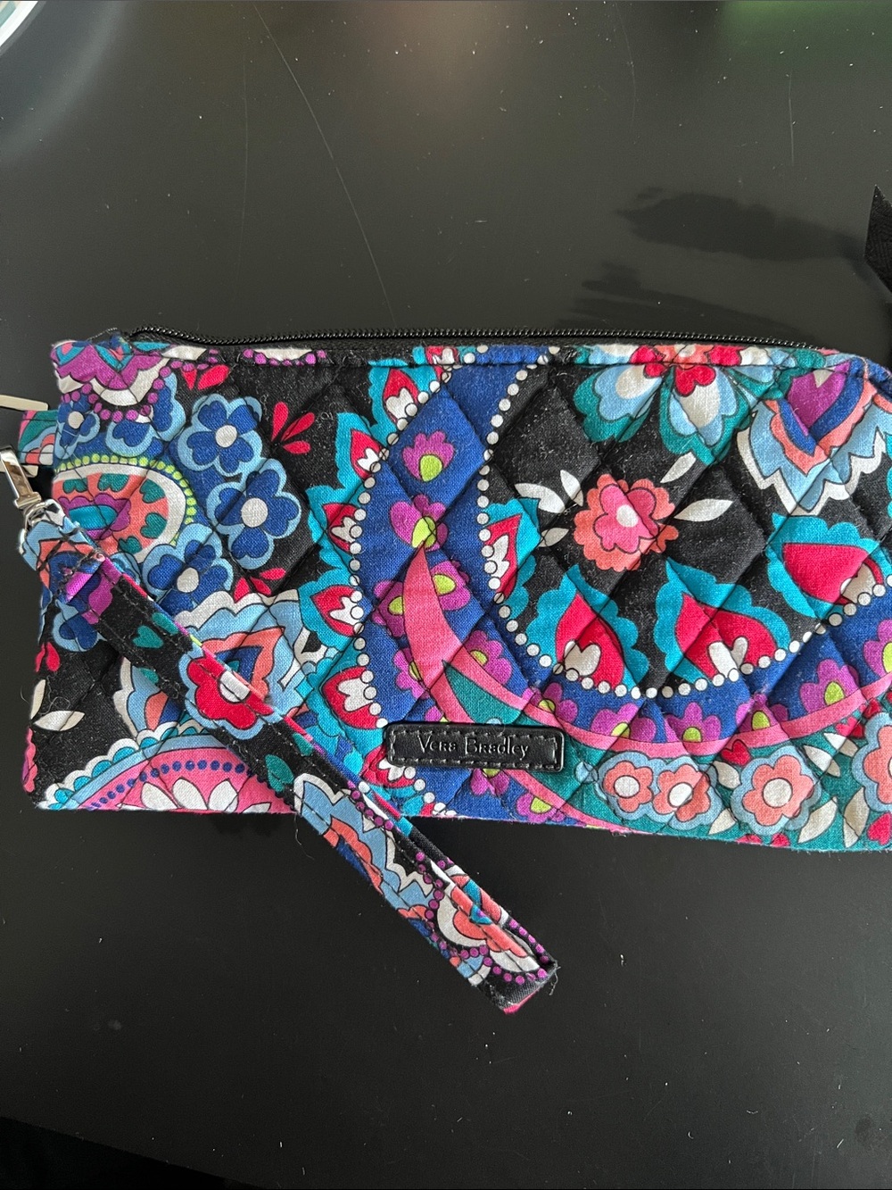 Vera Bradley Black Multi Floral Quilted Wristlet with Bright Blue Pink Accents